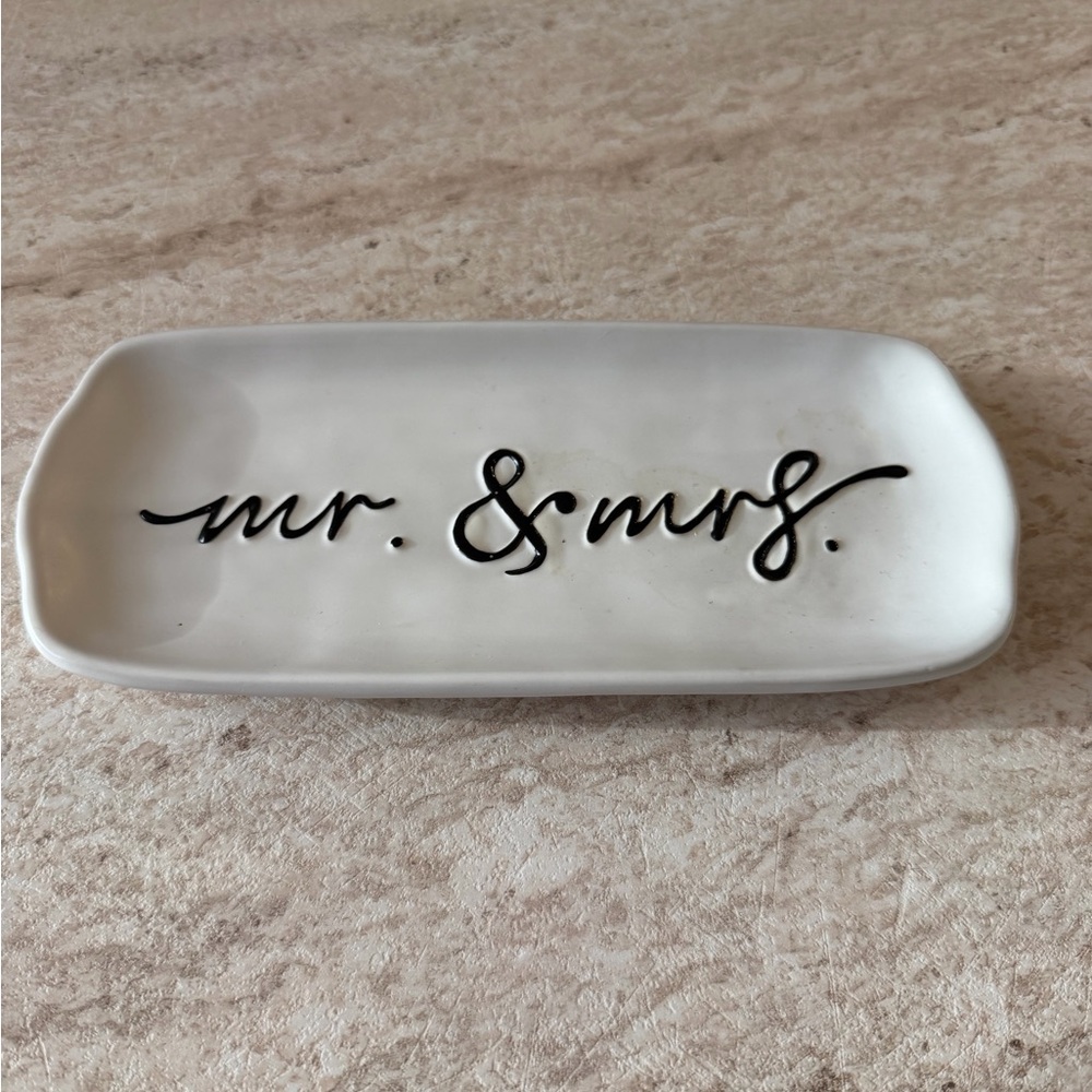 Mud Pie White Ceramic Mr. & Mrs. Trinket Tray